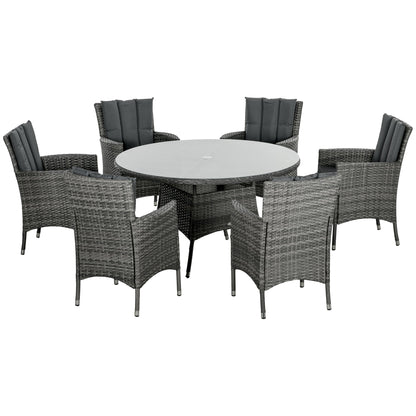 Outsunny Seven-Piece Rattan Dining Table, with Round Glass-Top Table - Mixed Grey