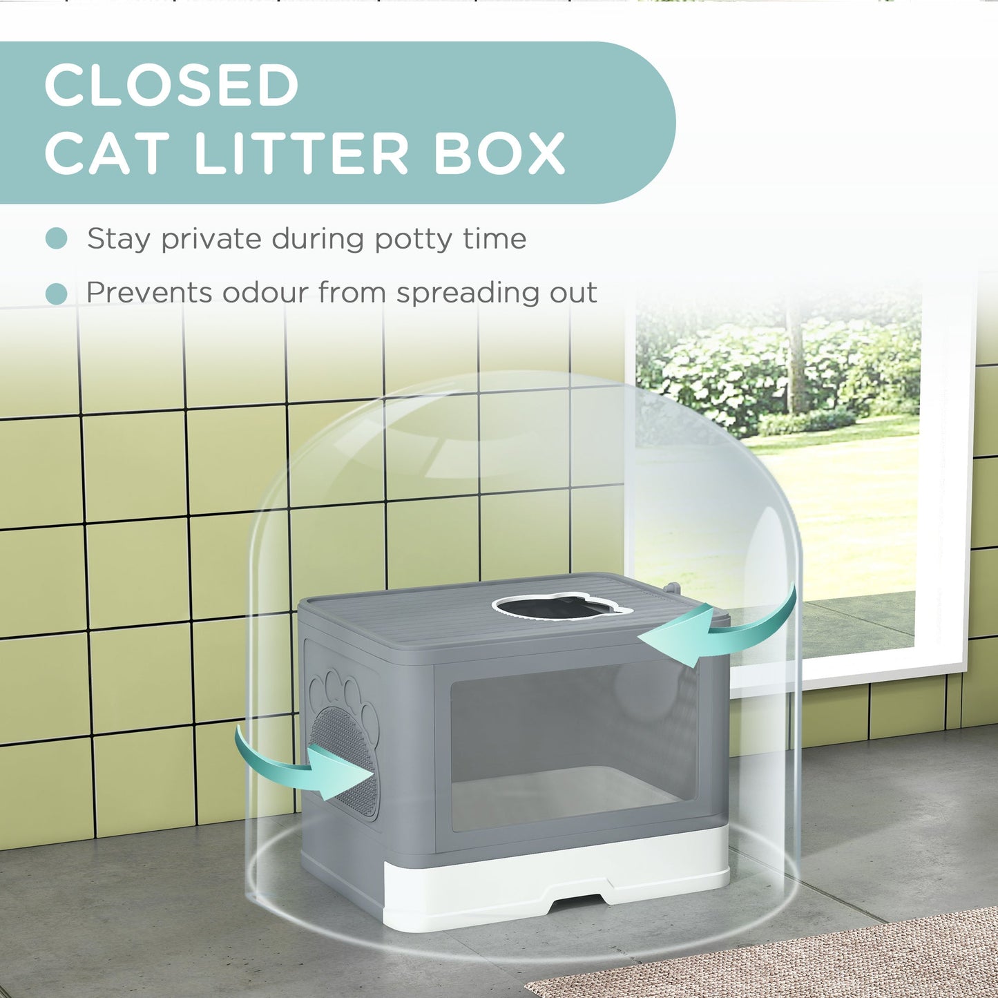 PawHut Enclosed Cat Litter Box with lid, Front Entry, Top Exit, Drawer, Tray, Scoop, Brush, 48.5 x 38 x 36.5cm - Grey