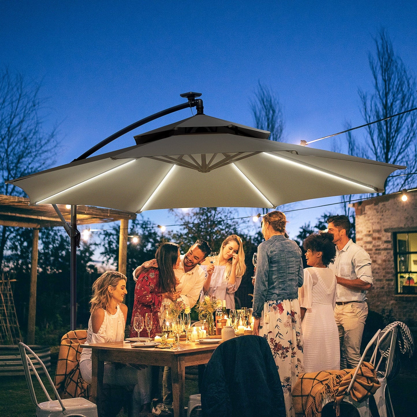 3(m) Cantilever Banana Parasol Hanging Umbrella W/ Double Roof, LED Solar lights, Crank, 8 Sturdy Ribs and Cross Base For Garden, Patio, Light Grey