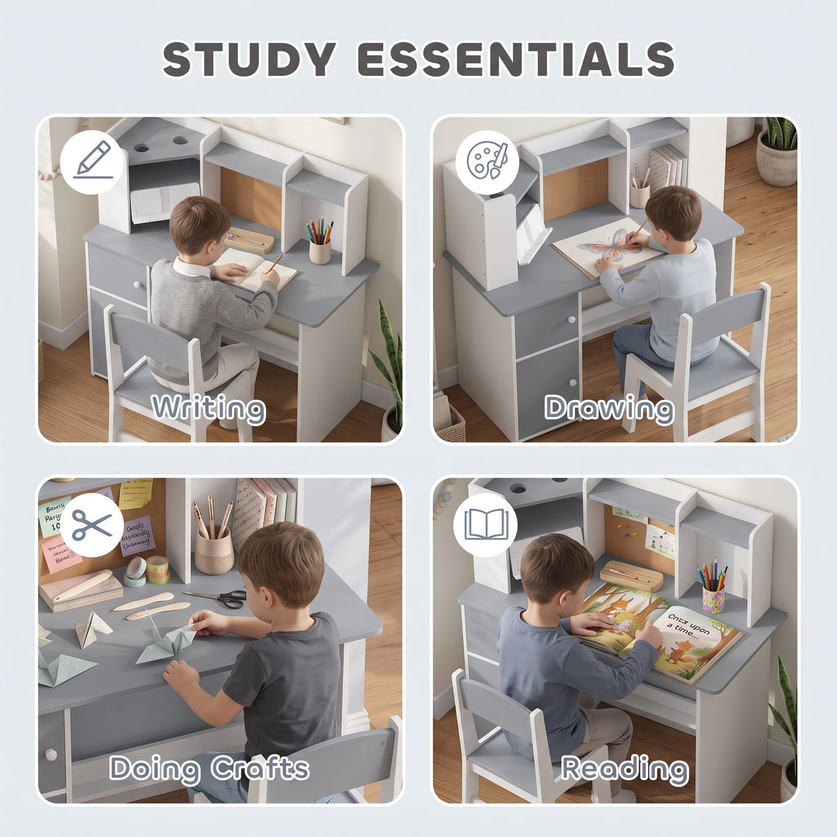 AIYAPLAY Kids Desk and Chair Set Storage Shelves Kids Desk Adjustable Tablet Stand Cork Board Pen Holder Grey