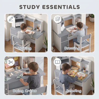AIYAPLAY Kids Desk and Chair Set Storage Shelves Kids Desk Adjustable Tablet Stand Cork Board Pen Holder Grey
