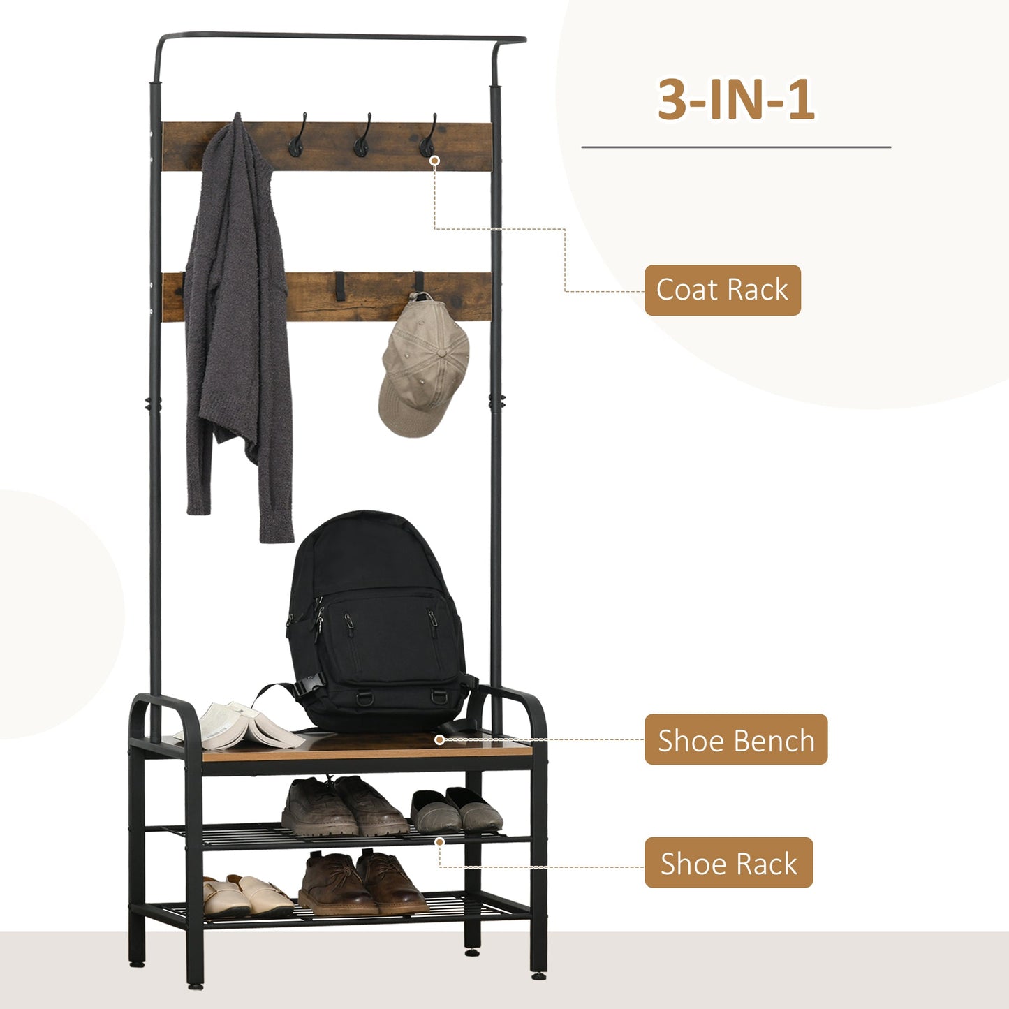 HOMCOM Coat Rack Stand Industrial hallway Shoe Rack Removable Hooks Metal Wood Hangers Storage Cabinet Rustic Brown 72L_34W_185H(cm)