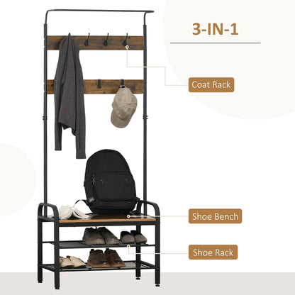 HOMCOM Coat Rack Stand Industrial hallway Shoe Rack Removable Hooks Metal Wood Hangers Storage Cabinet Rustic Brown 72L_34W_185H(cm)