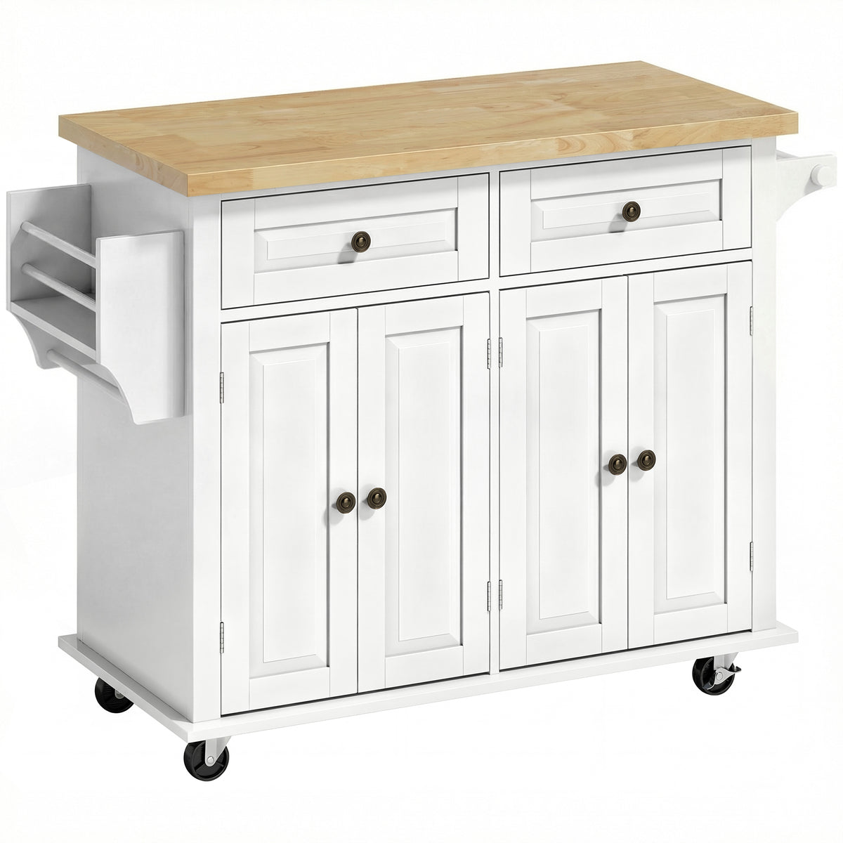 HOMCOM Kitchen Island on Wheels, Rolling Kitchen Storage Trolley with Rubber Wood Top, Drawers, Adjustable Shelves, Cream White