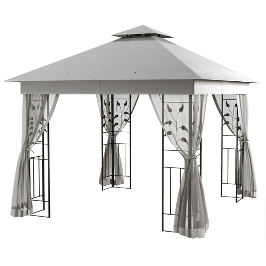 Outsunny 3(m) x 3(m)  Double Roof Outdoor Garden Gazebo Canopy Shelter with Netting, Solid Steel Frame, Light Grey