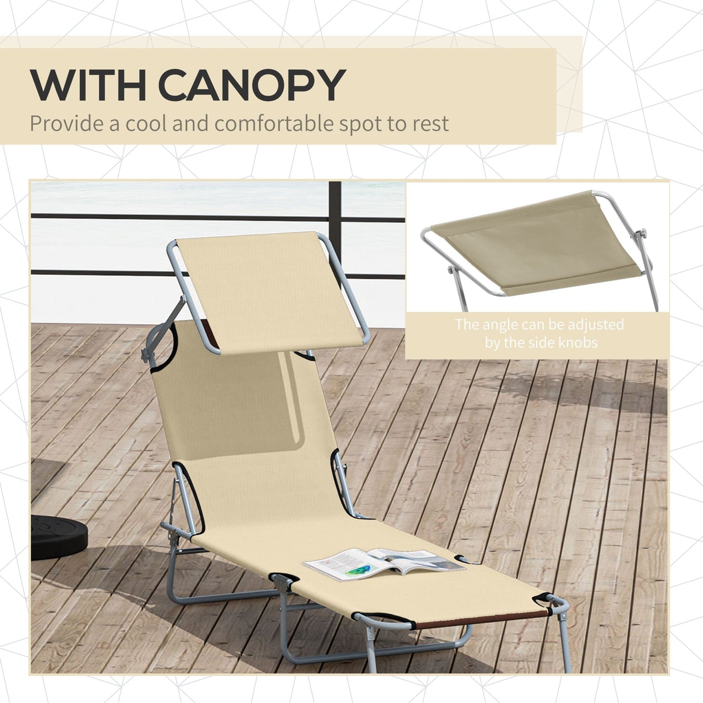 2 Pieces Outdoor Foldable Sun Lounger Set with Removeable Shade Canopy, Patio Recliner Sun Lounger with Adjustable Backrest with Mesh Fabric, Beige