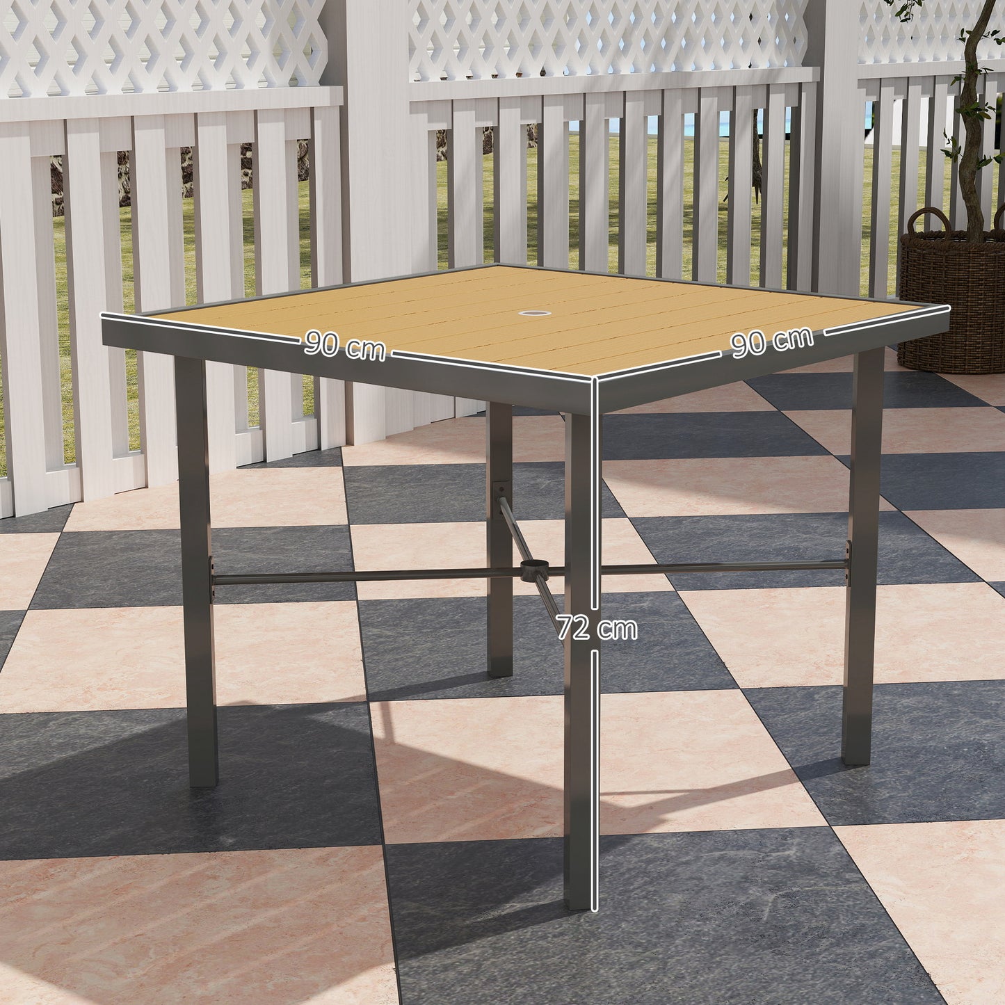 Outsunny Garden Table, 90cm Square Outdoor Patio Dining Table with 4.2 cm Umbrella Hole, Metal Frame, Wood Effect Top, for Terrace, Balcony, Natural Wood Finish