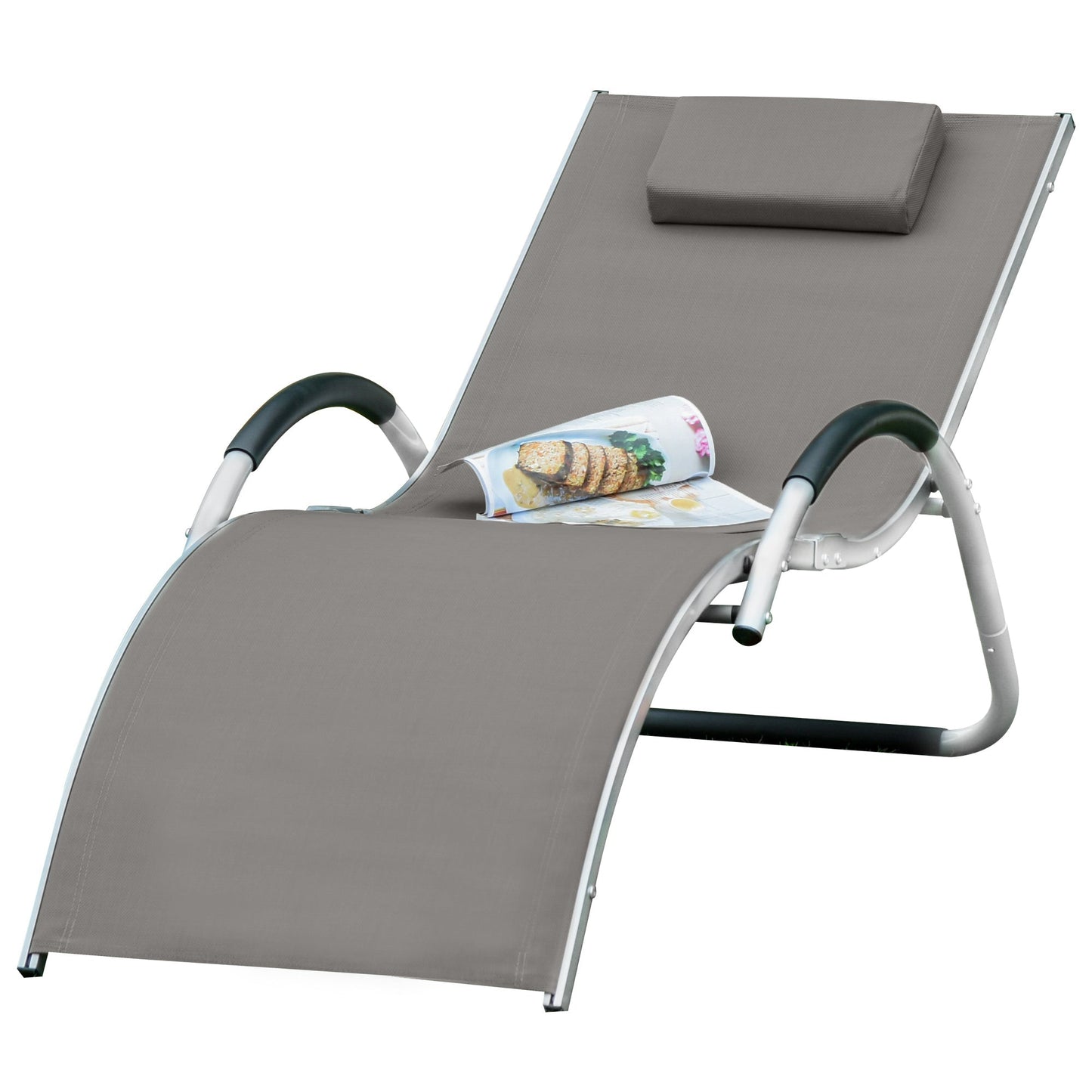 Ergonomic Lounger Chair Portable Armchair with Removable Headrest Pillow for Garden Patio Outside All Aluminium Frame Khaki