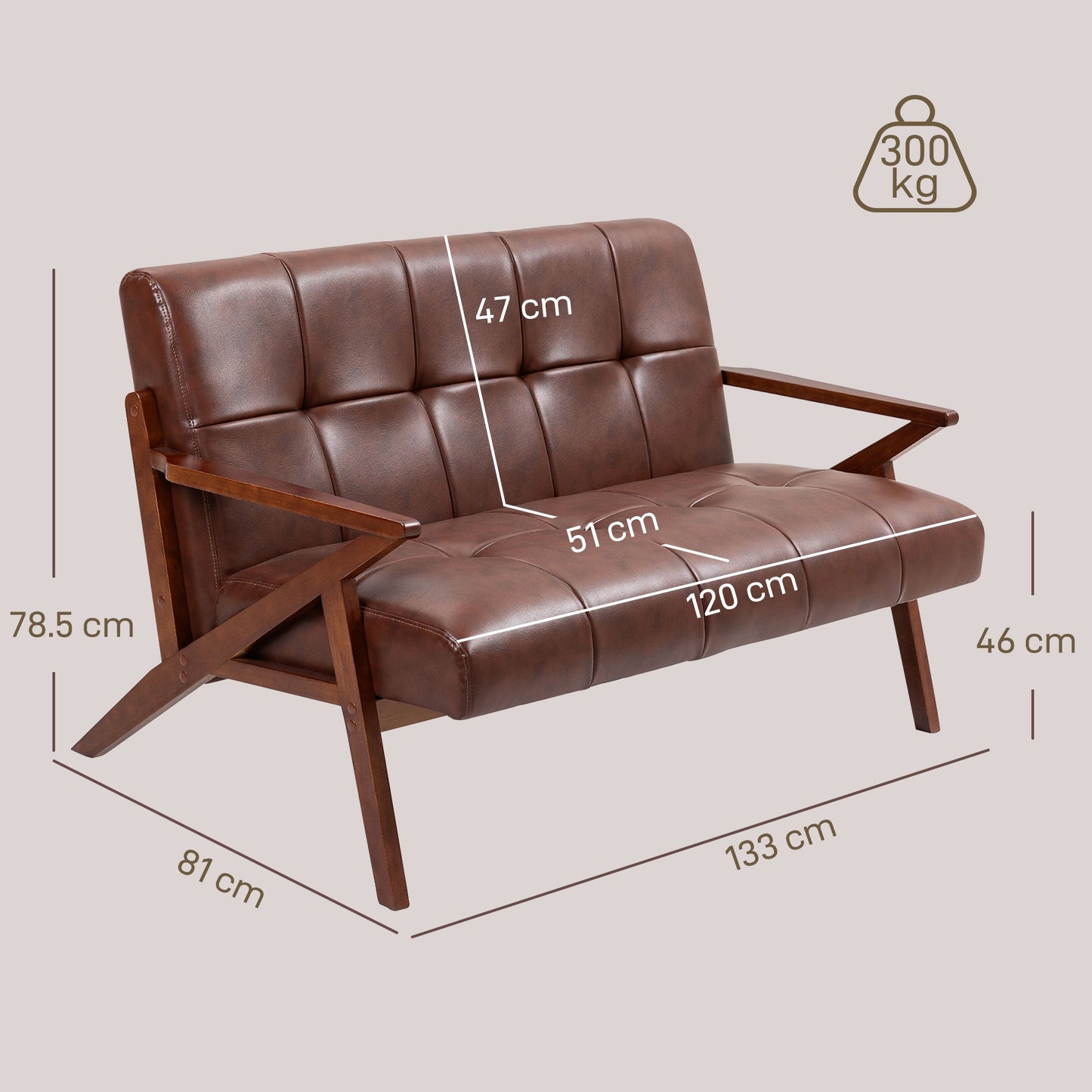 HOMCOM Compact 2 Seater Sofa, Vintage Tufted Loveseat Sofa with Solid Wood Legs, PU Leather Small Couch Settee for Living Room, Bedroom, Home Office, 133 x 81 x 78.5 cm, Brown