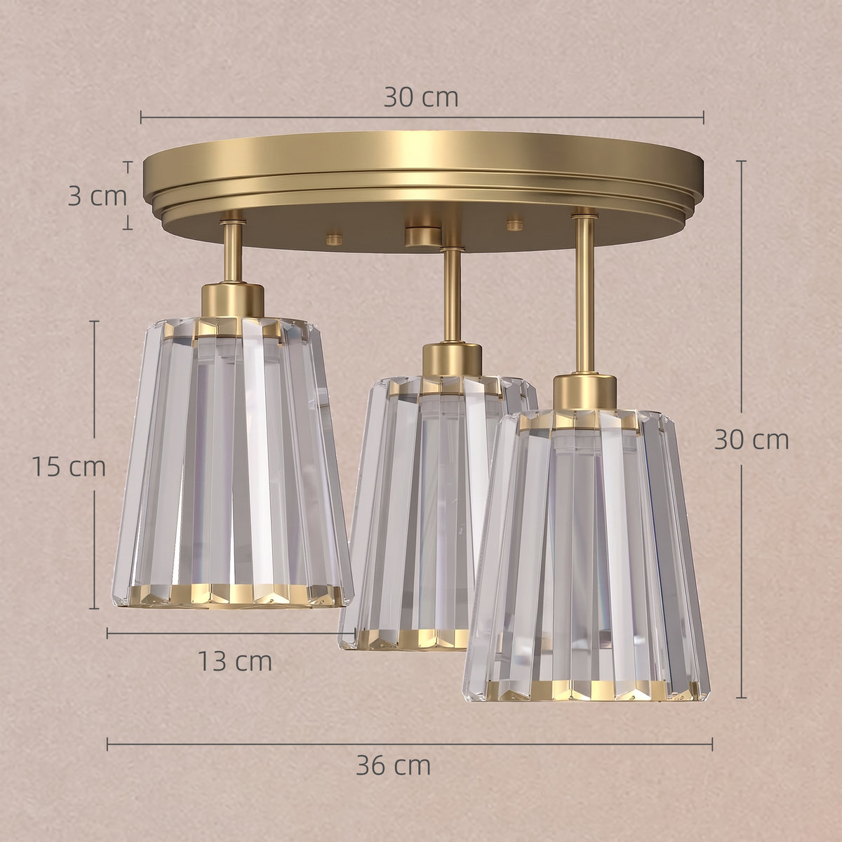 HOMCOM 3-Light Crystal Glass Ceiling Light, Triple Head with Dual Mounting, Modern Ceiling Lamp for Living Room, Gold Tone
