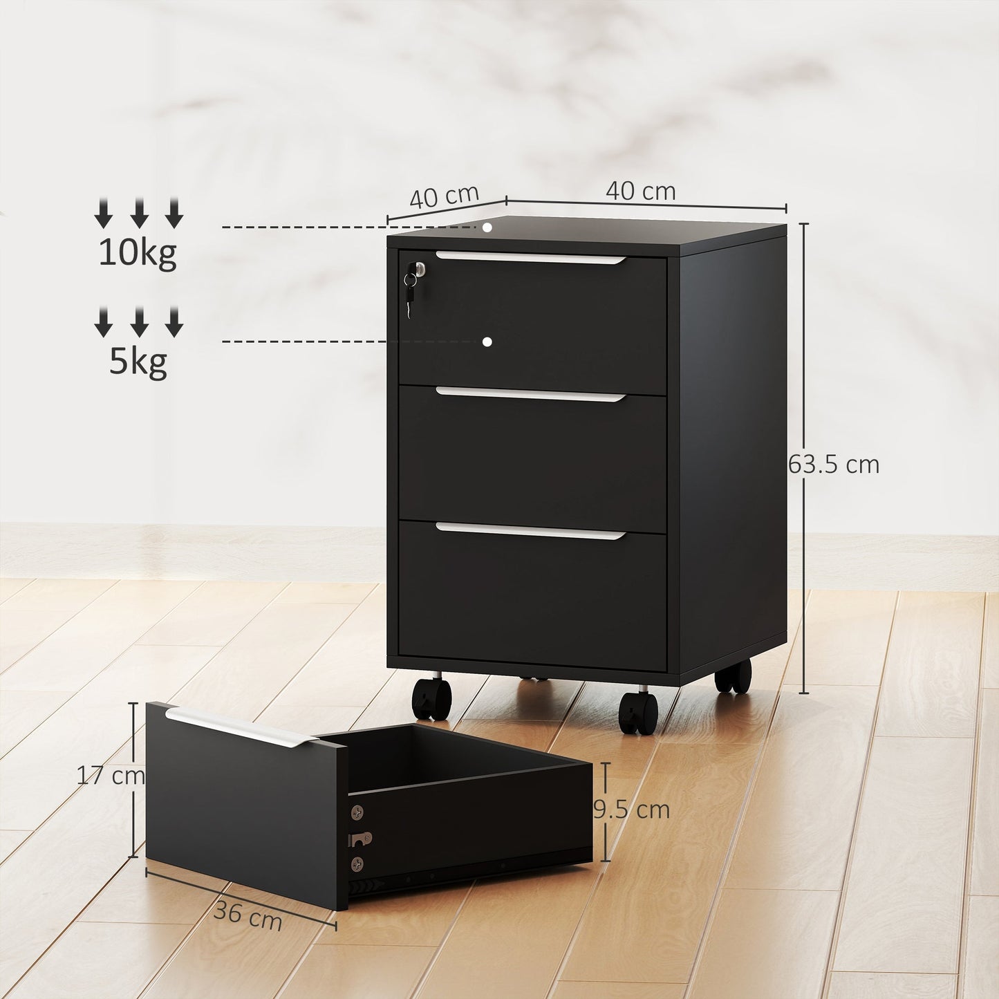 HOMCOM Three-Drawer Locking Filing Cabinet - Black