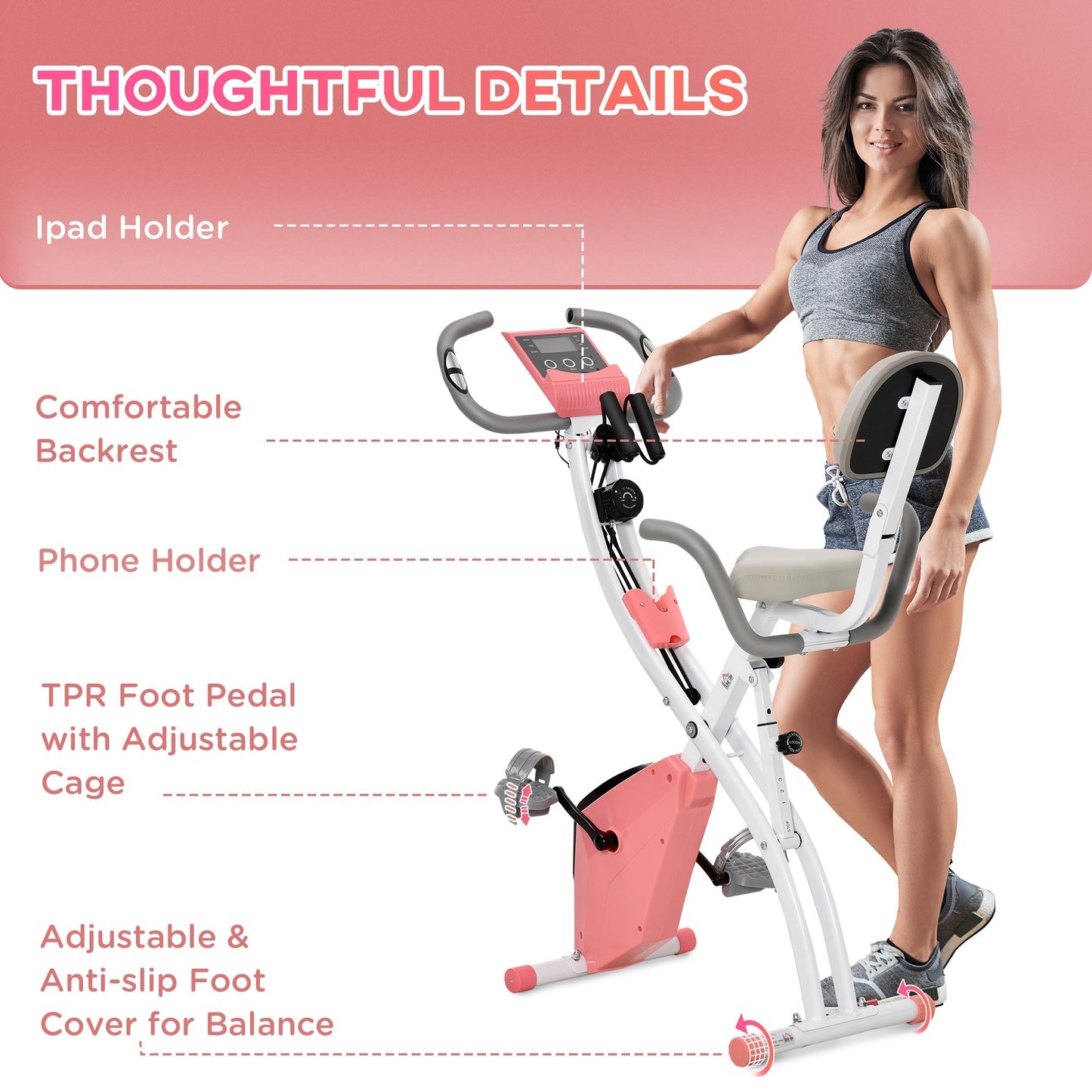 2-in-1 Upright  Exercise Bike Stationary Foldable Magnetic Recumbent Cycling with Arm Resistance Bands Pink