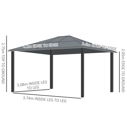 Outsunny 3.6 x 4m Hardtop Gazebo Canopy with Polycarbonate Roof and Aluminium Frame, Garden Pavilion with Mosquito Netting and Curtains