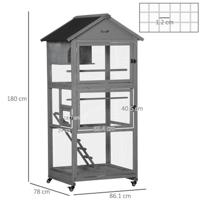 PawHut Bird Cage budgie cage Wooden Outdoor Aviary with Wheels for Canary Finch with Asphalt Roof Perch Nest Ladder Slide-out Tray, Grey