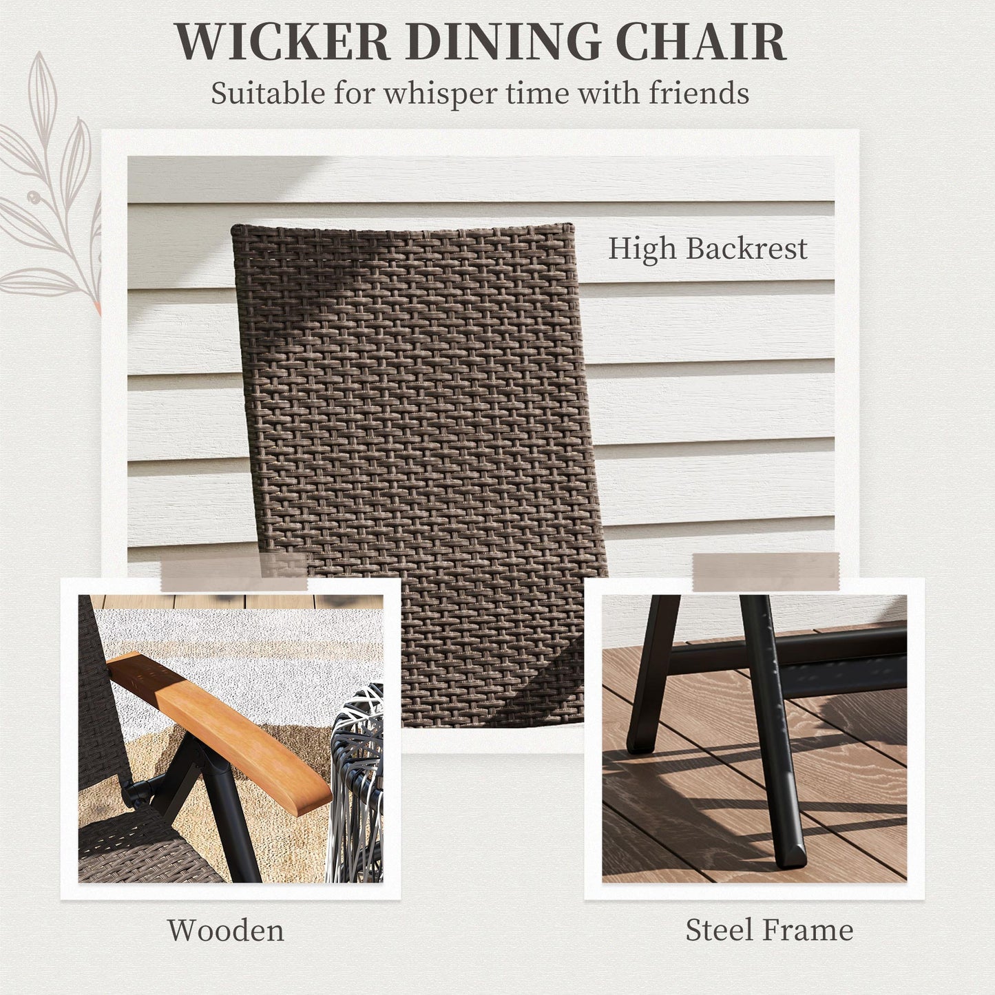 Outsunny Folding Rattan Garden Dining Chair with 5-level Reclining High Back, Wood Armrests for Outdoor, Patio - Brown