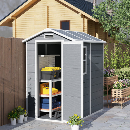 Outsunny 4 x 6ft Garden Shed, plastikowa szopa z podłogą, oknem, zamykanymi drzwiami i otworami wentylacyjnymi, żywiczna szopa na narzędzia do przechowywania na patio, zerowa konserwacja, szara