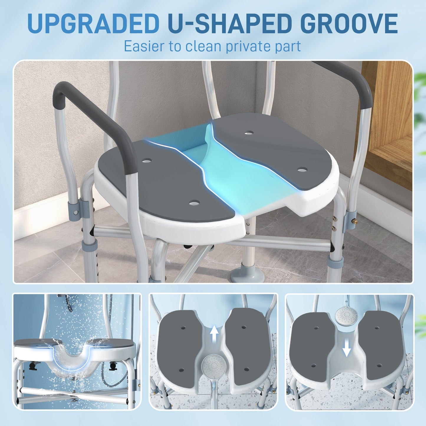 HOMCOM Shower Chair with Hygiene Cut-Out Seat and Reinforced Crossbars, Height Adjustable Padded Bath Chair with Non-slip Feet for Elderly Seniors Disabled Handicap, Tool-Free Assembly, Grey