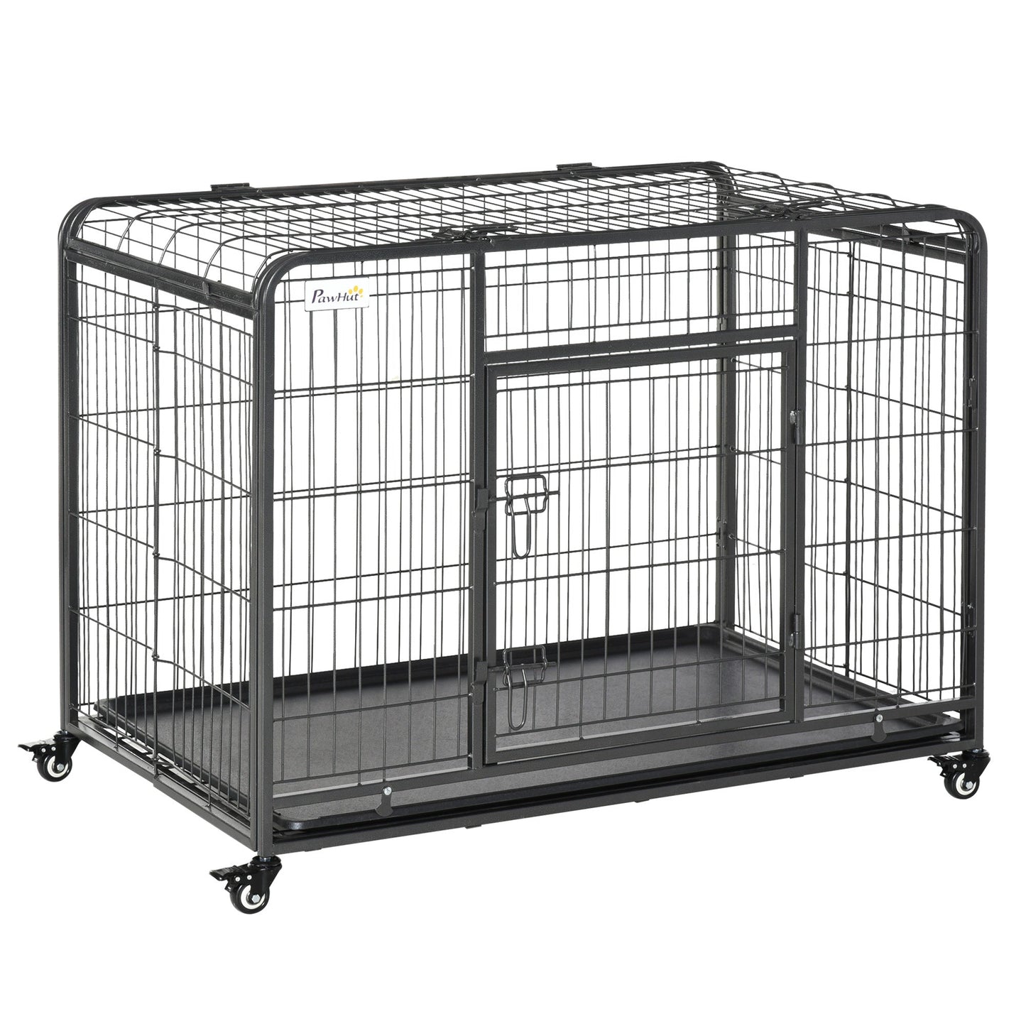 PawHut Heavy Duty Dog Crates Foldable Indoor Dog Kennel and Dog Cage Pet Playpen with Double Doors Removable Tray Lockable Wheels Openable Top