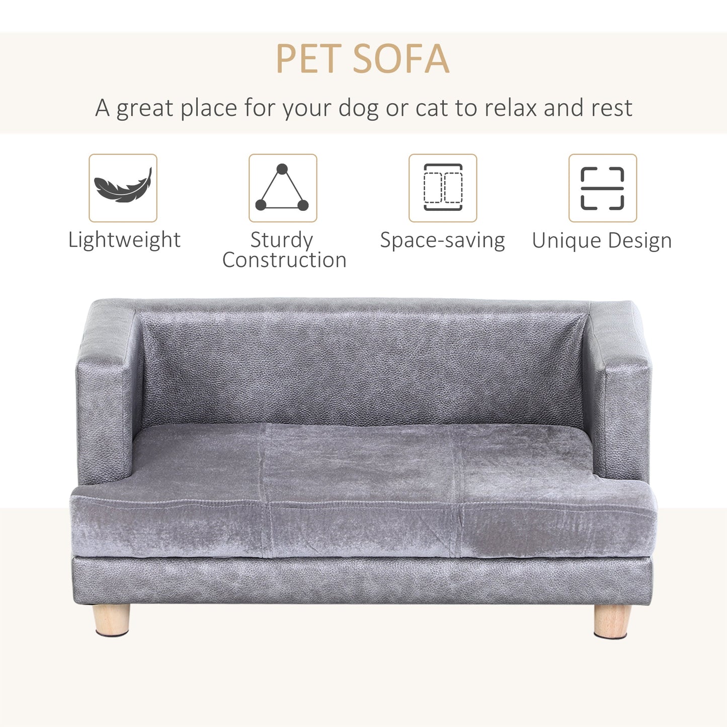 PawHut Dog Sofa Bed for Small-Sized Dogs, Elevated Pet Chair with PU Cover, Soft Cushion, Cat Couch Lounger with Anti-slip Legs - Grey