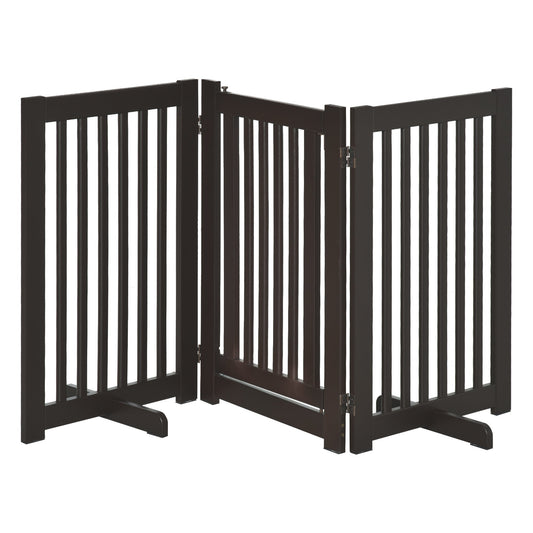 PawHut Pet Gate Freestanding Dog Gate For Stairs Wood Doorway Safety Pet Barrier Fence Foldable w/ Latch Support Feet Deep Brown, 155 x 76 cm