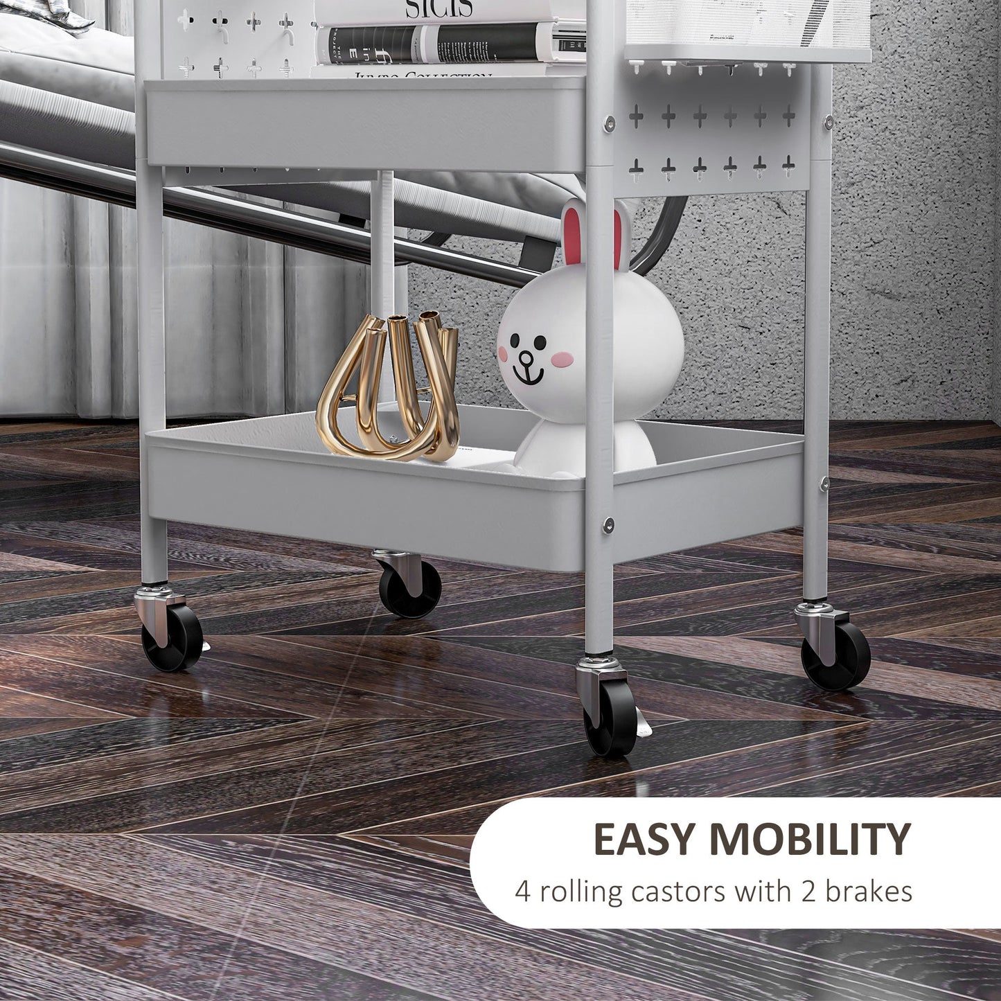 3-tier Storage Trolley on Wheels, Rolling Utility Serving Cart with 3 Mesh Baskets, 2 Hanging Boxes and 6 Hooks for Living Room, Kitchen, White