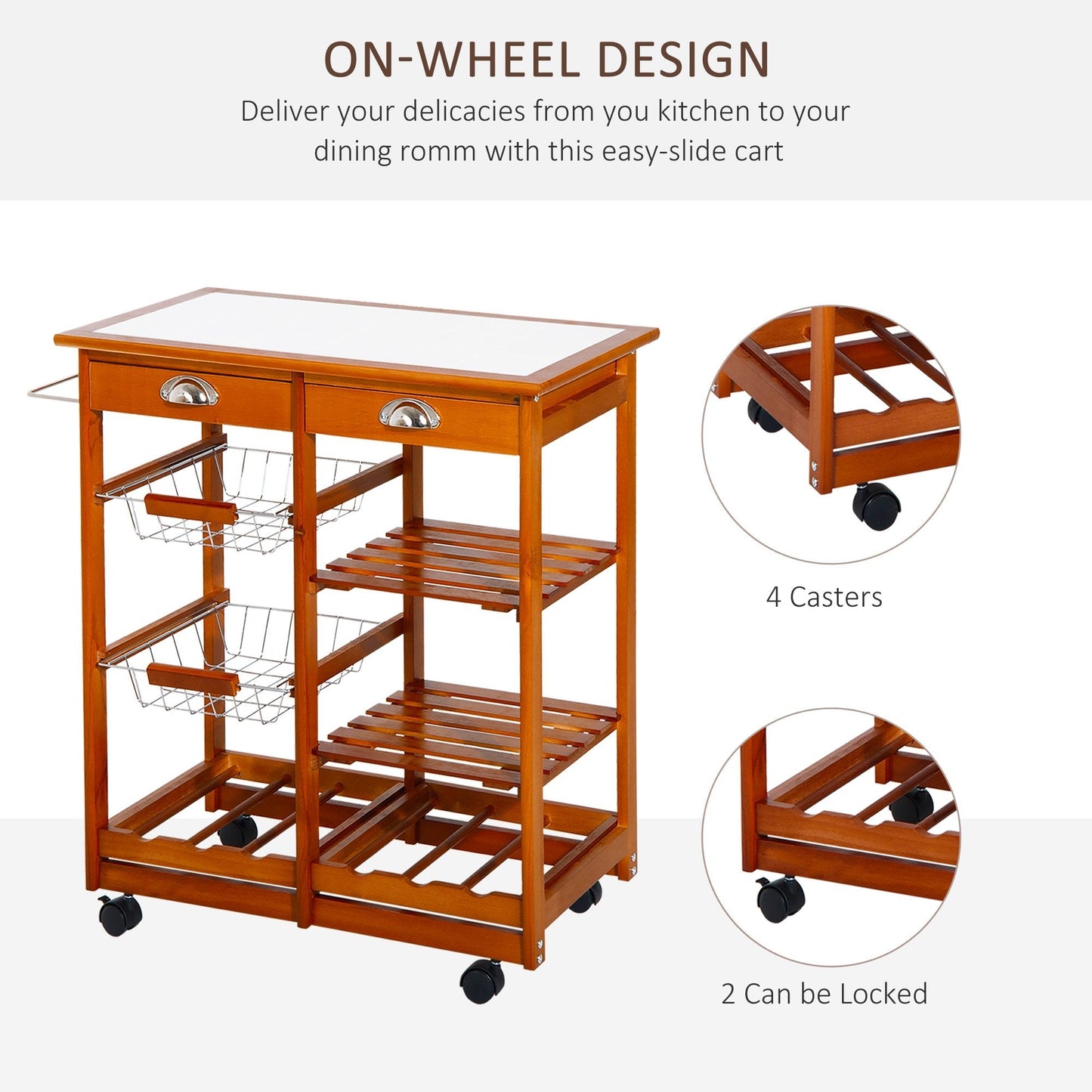 Wooden Kitchen Trolley Cart Drawers, 3 Shelves