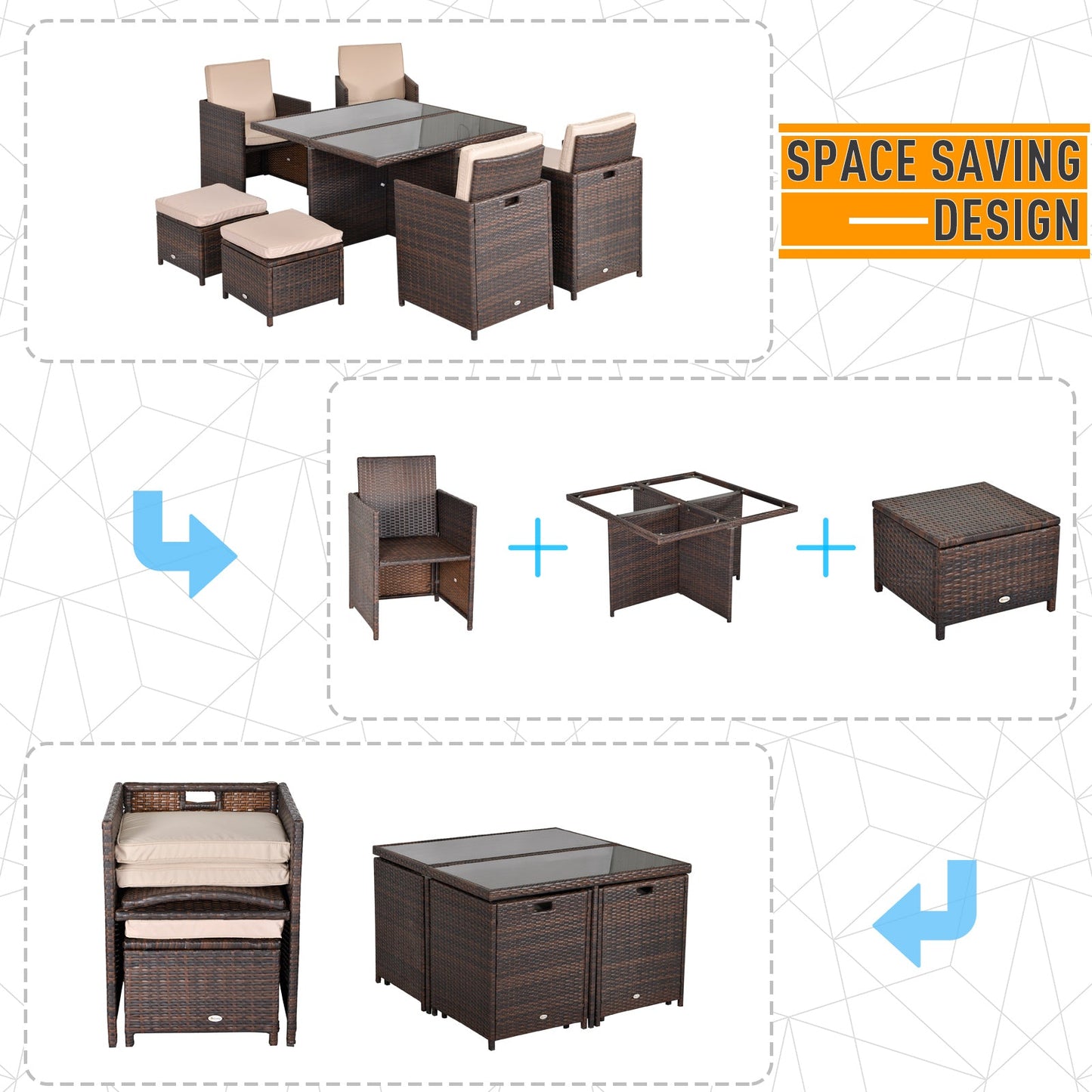 Outsunny 8 Seater Rattan Cube Garden Furniture Set, Rattan Dining Set with Cushions, Outdoor Dining Table and Chairs with 4 Armchairs, 4 Stools, Square Glass Top Table for Patio, Balcony, Brown