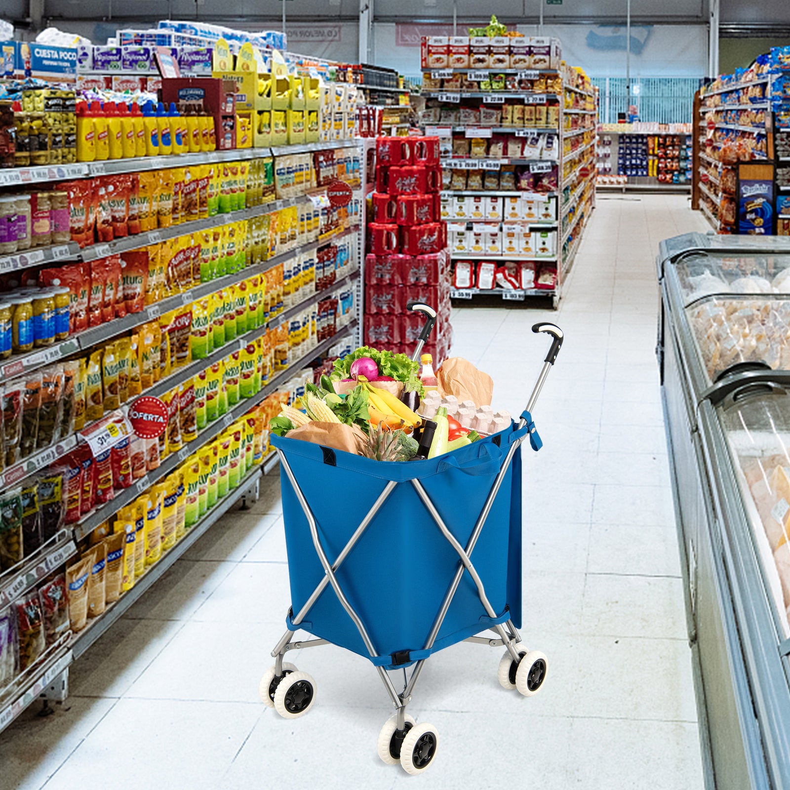 90L Folding Shopping Trolley with Removable Waterproof Bag and Cove-Blue