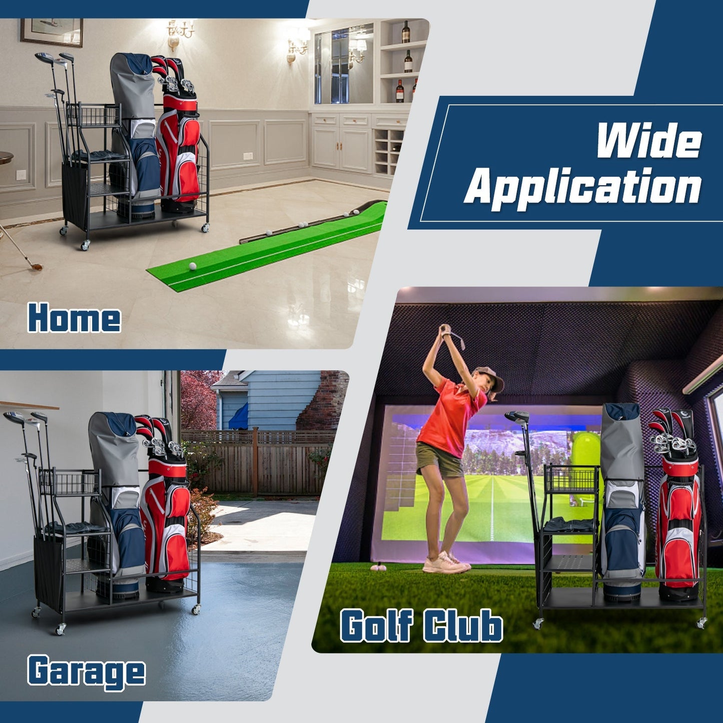 Double Golf Bag Storage Rack for Garage with Lockable Universal Wheels