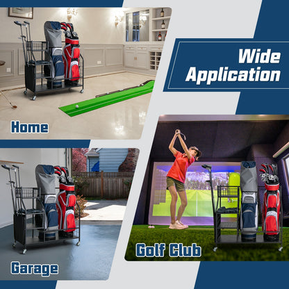 Double Golf Bag Storage Rack for Garage with Lockable Universal Wheels
