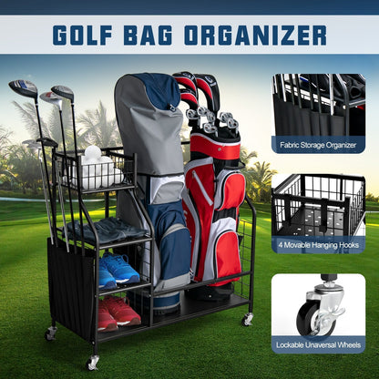 Double Golf Bag Storage Rack for Garage with Lockable Universal Wheels