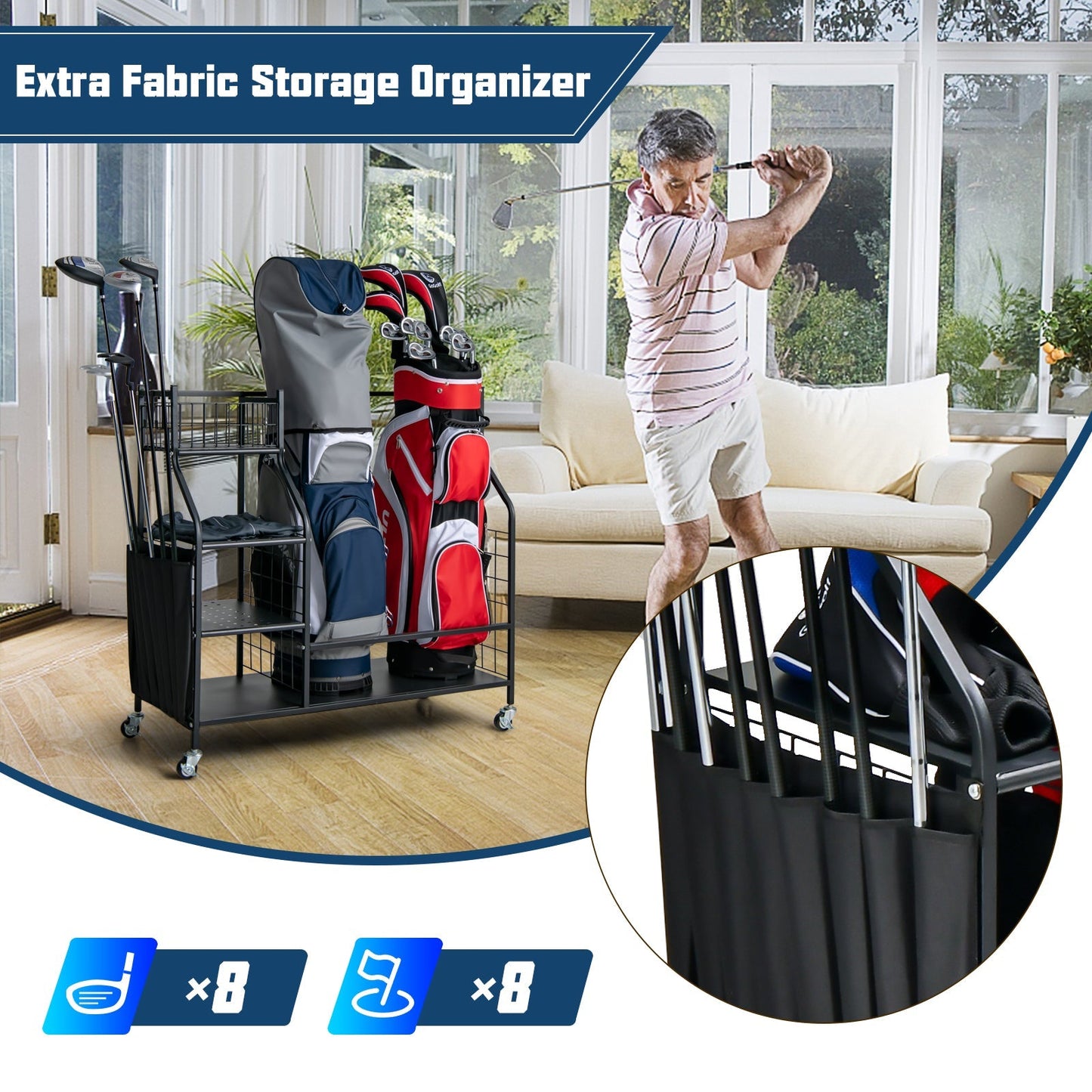 Double Golf Bag Storage Rack for Garage with Lockable Universal Wheels