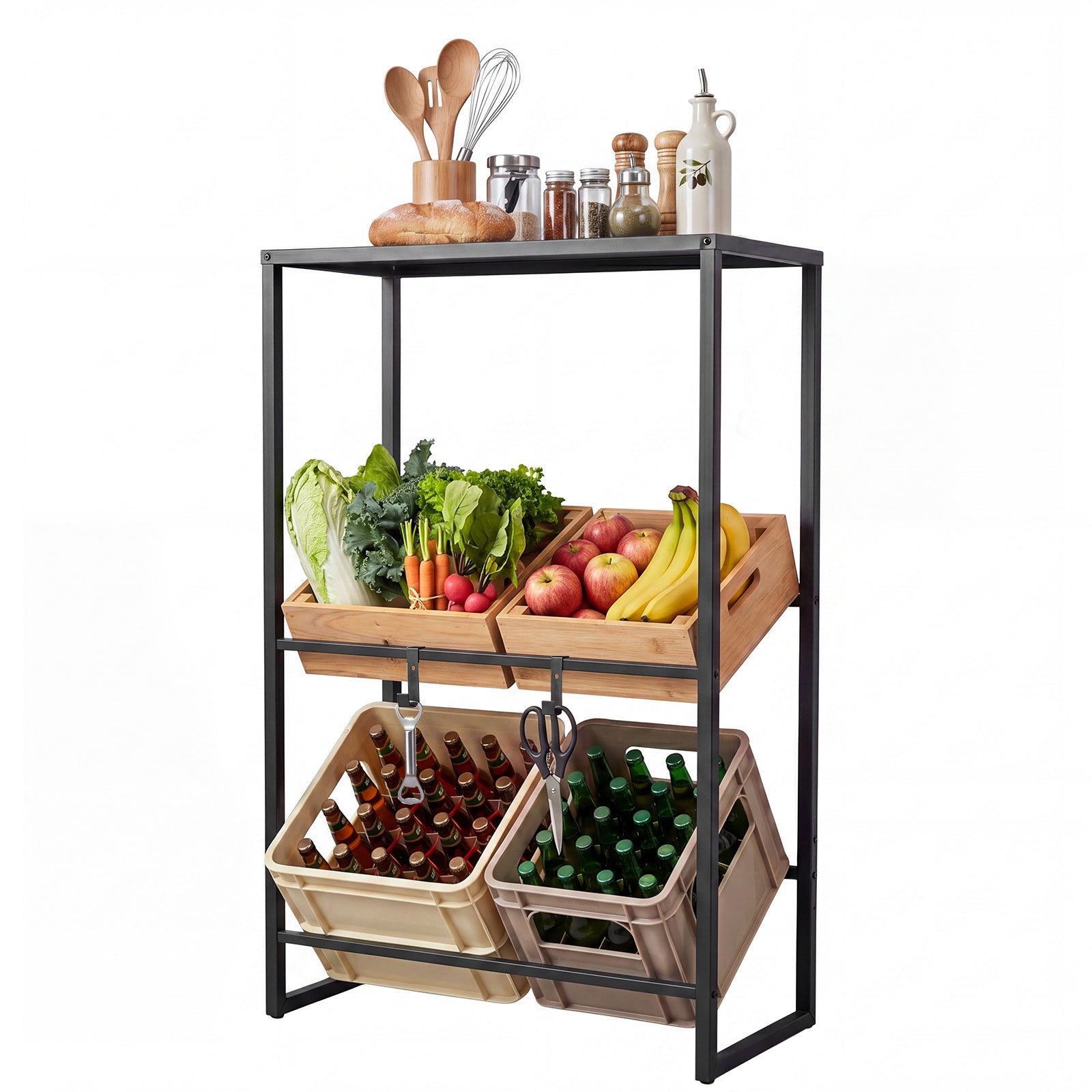 3-Tier Drink Crate Rack with Shelf and 2 Hanging Hooks-Black