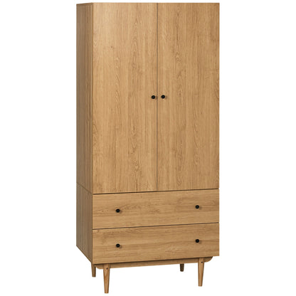 HOMCOM Wardrobe with 2 Doors, 2 Drawers, Hanging Rail for Bedroom Clothes Storage Organiser, 80x52x180cm, Natural Tone