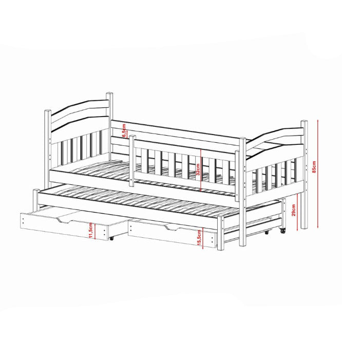 Wooden bed with trundle and dimensions on a white background