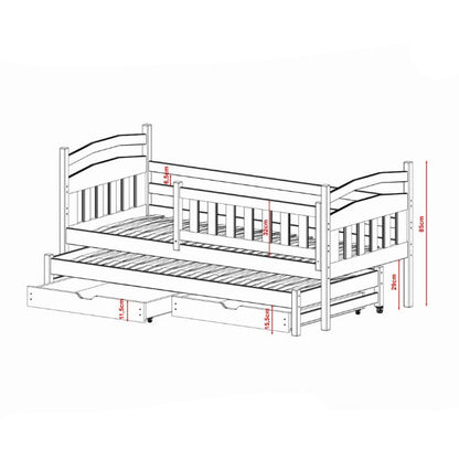Wooden bed with trundle and dimensions on a white background