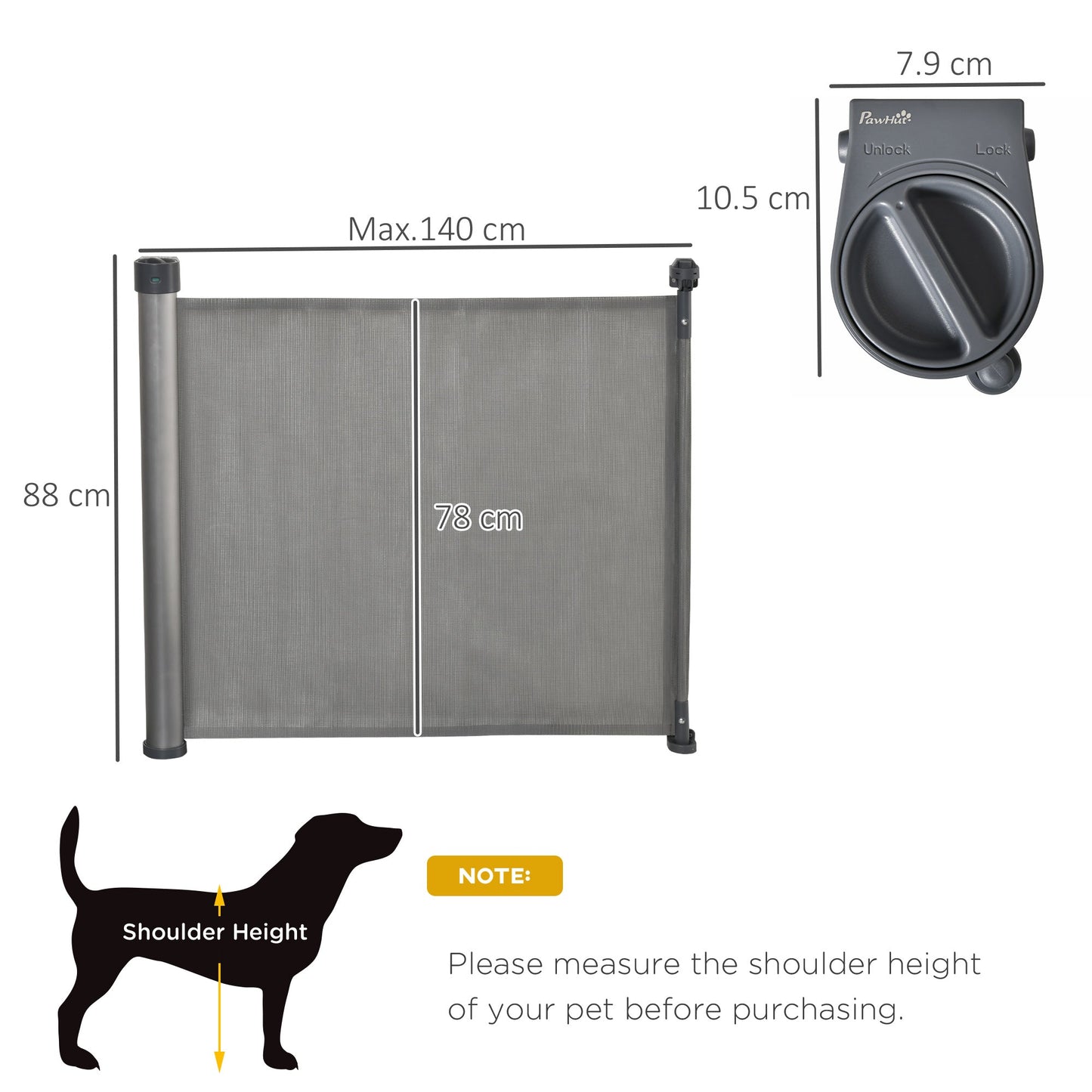 PawHut Retractable Stair Gate for Dogs 140cm Extendable, 88cm Tall, Extra Wide Foldable Mesh Pet Safety Gate with Single Hand Operation, for Doorways, Hallways, Stairs - Grey