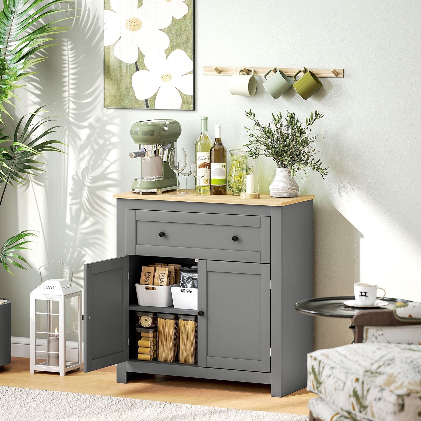 HOMCOM Sideboard Storage Cabinet, Morden Kitchen Cupboard with Adjustable Shelf, Drawer and Double Doors, Sideboard for Living Room, Dining Room, Hallway, Grey