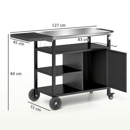 Wózek do grilla Outsunny Outdoor BBQ Trolley ze składanym stolikiem bocznym, blat ze stali nierdzewnej, kuchnia zewnętrzna z kółkami, wieszakami, półkami, szafką, stół do pieca do pizzy, ruchomy wózek do grilla zewnętrznego z pokrywą, czarny