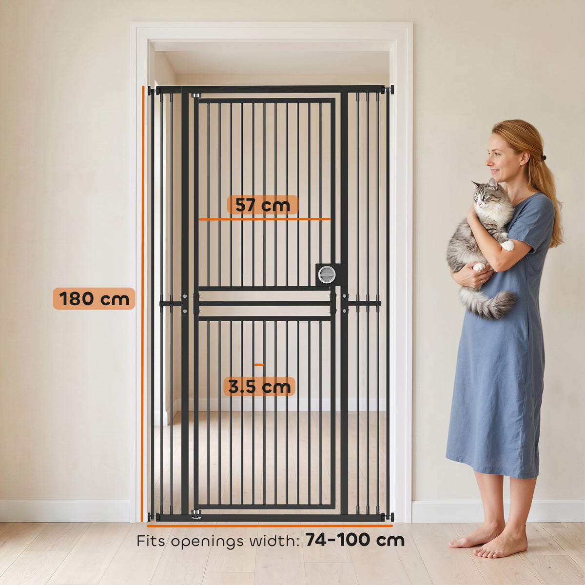 PawHut 180cm Extra Tall Cat Gate, Adjustable Pet Gate with 74-100 cm Wide, Pressure Fit, Pull-Ring Latch, Black