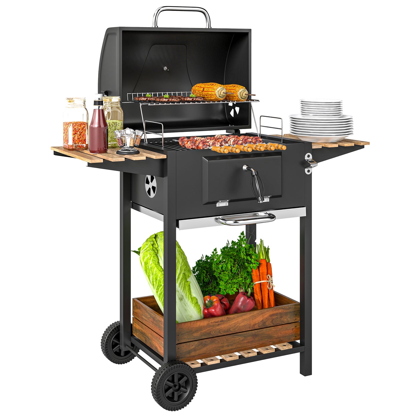 Grill węglowy Outsunny z regulowaną wysokością patelni węglowej, przenośny grill wędzarniczy z rusztem do podgrzewania, 3 półki, wskaźnik temperatury, kółka, otwieracz do butelek do gotowania na świeżym powietrzu, przyjęcie ogrodowe