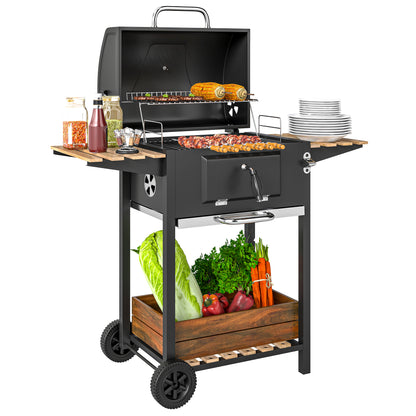 Grill węglowy Outsunny z regulowaną wysokością patelni węglowej, przenośny grill wędzarniczy z rusztem do podgrzewania, 3 półki, wskaźnik temperatury, kółka, otwieracz do butelek do gotowania na świeżym powietrzu, przyjęcie ogrodowe