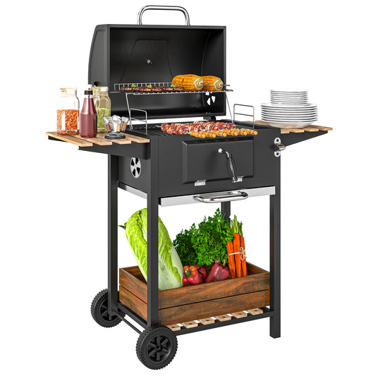 Grill węglowy Outsunny z regulowaną wysokością patelni węglowej, przenośny grill wędzarniczy z rusztem do podgrzewania, 3 półki, wskaźnik temperatury, kółka, otwieracz do butelek do gotowania na świeżym powietrzu, przyjęcie ogrodowe