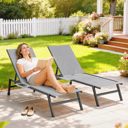 Outsunny Sun Loungers Set of 2 with Side Tray Table, Garden Recliners with 5-Position Adjustable Backrest, 2 Wheels, Grey