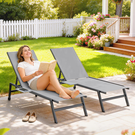 Outsunny Sun Loungers Set of 2 with Side Tray Table, Garden Recliners with 5-Position Adjustable Backrest, 2 Wheels, Grey