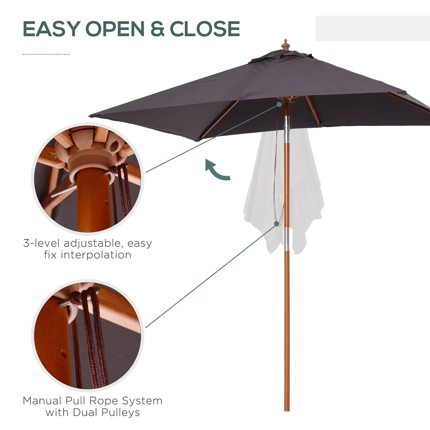 Outsunny 2m x 1.5m Garden Parasol Umbrella with Tilting Sunshade Canopy, Outdoor Market Table Umbrella with Wood and Bamboo Frame, Grey