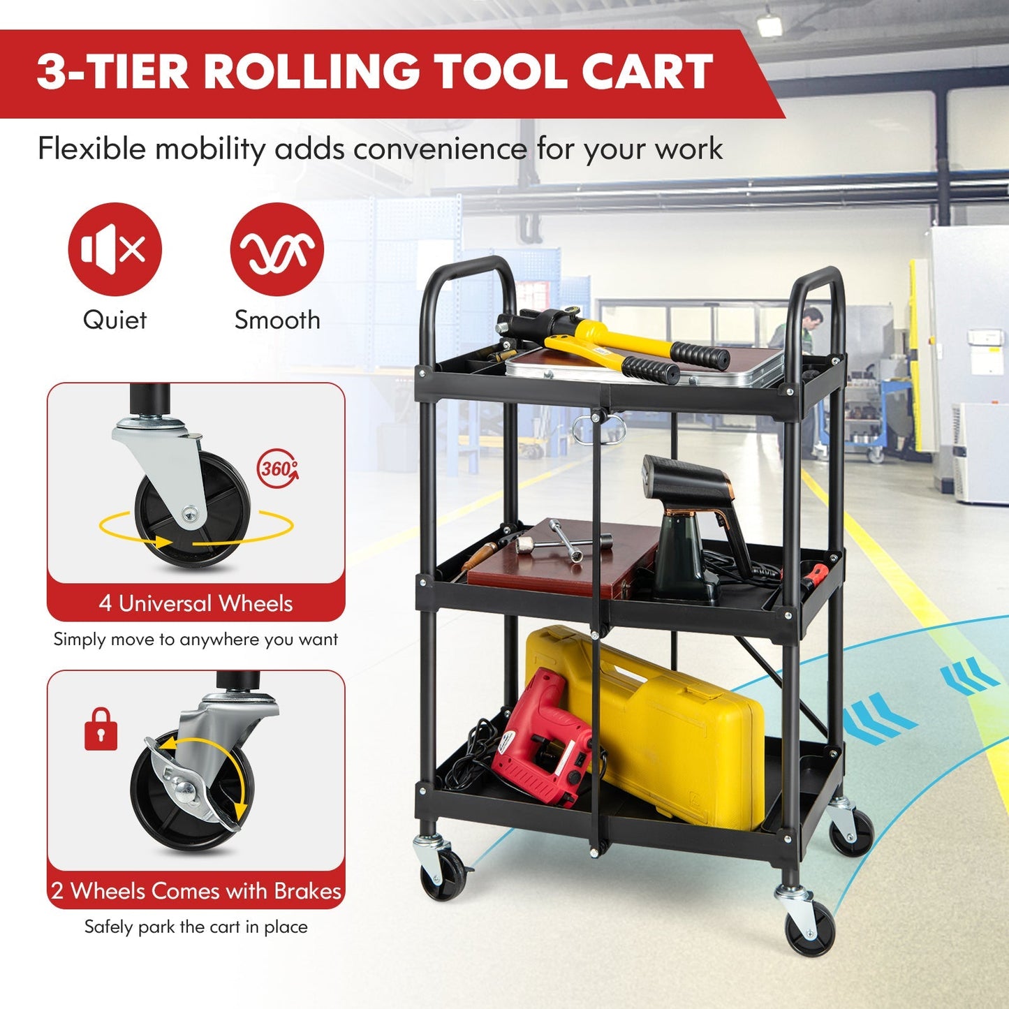 3 Tiers Folding Tool Trolley with Lockable Wheels and Tool Grooves
