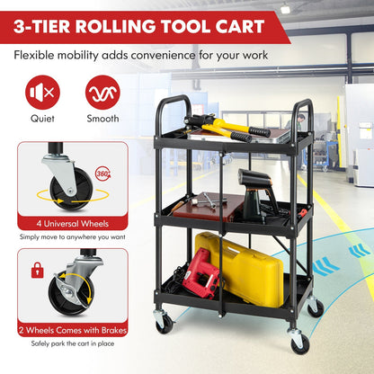 3 Tiers Folding Tool Trolley with Lockable Wheels and Tool Grooves