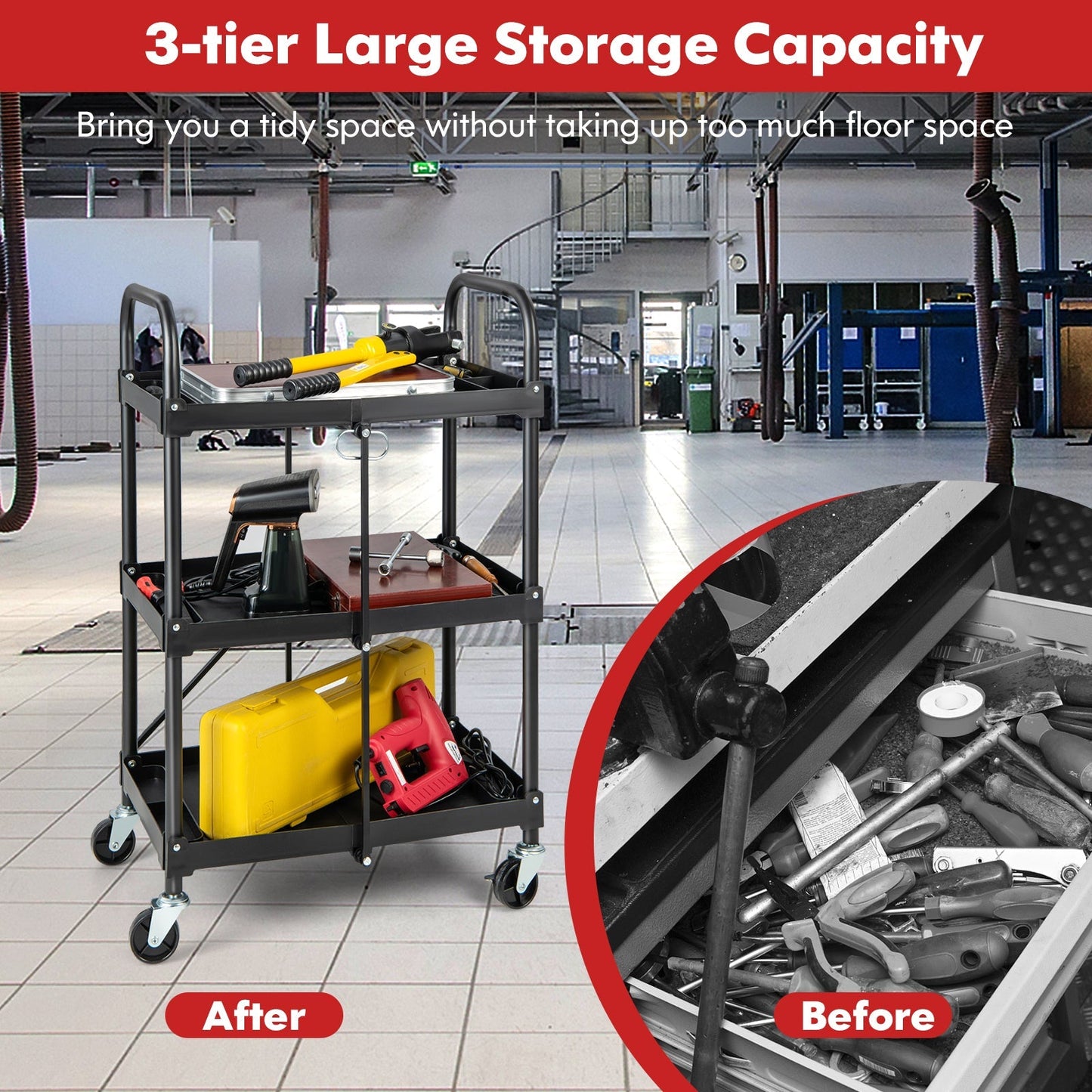 3 Tiers Folding Tool Trolley with Lockable Wheels and Tool Grooves