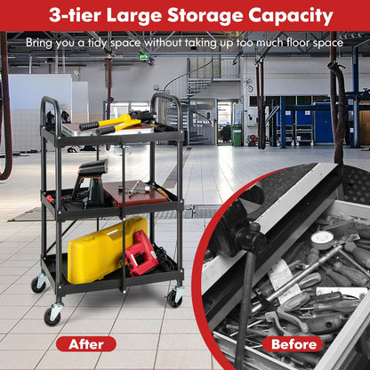 3 Tiers Folding Tool Trolley with Lockable Wheels and Tool Grooves
